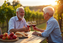 Couple senior souriant trinant avec vin rouge en plein air