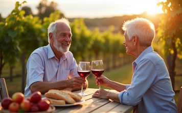 Couple senior souriant trinant avec vin rouge en plein air