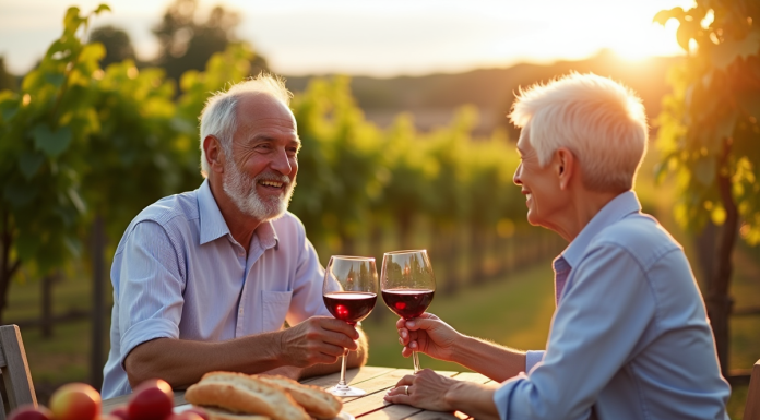 Couple senior souriant trinant avec vin rouge en plein air