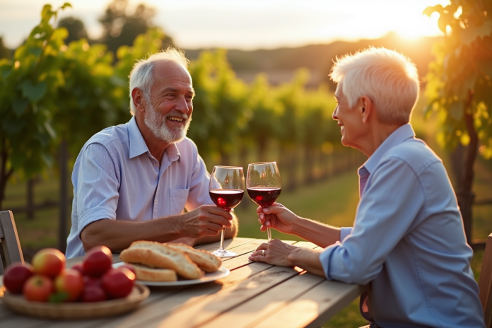 Couple senior souriant trinant avec vin rouge en plein air