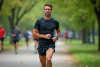 Coureur homme en pause dans un parc urbain lors d'un entraînement