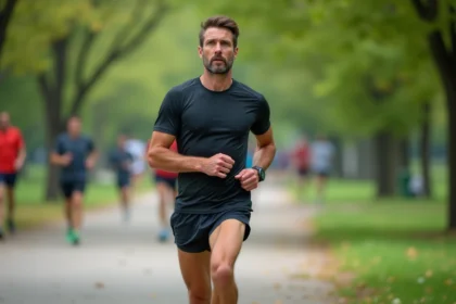 Coureur homme en pause dans un parc urbain lors d'un entraînement
