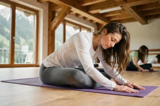 Femme pratiquant un étirement assis en avant sur un tapis de yoga dans un studio de fitness avec vue sur les montagnes en Auvergne-Rhône-Alpes