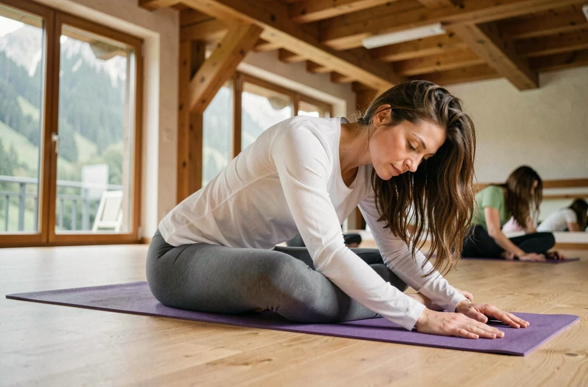 Femme pratiquant un étirement assis en avant sur un tapis de yoga dans un studio de fitness avec vue sur les montagnes en Auvergne-Rhône-Alpes