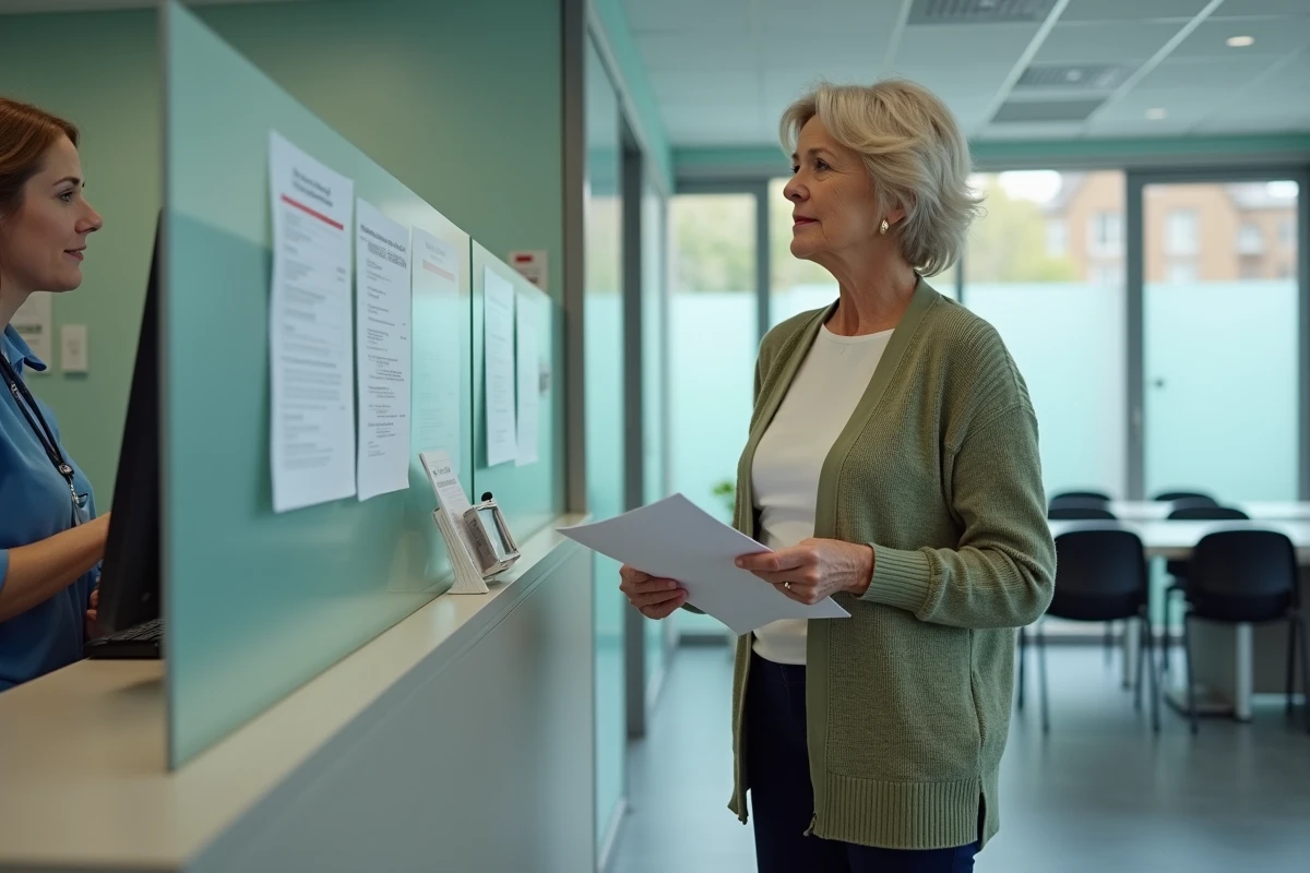 Femme en démarche administrative dans un bureau de santé pour obtenir le numéro ADELI d'un praticien