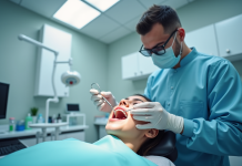 Dentiste effectuant un nettoyage dentaire en clinique moderne