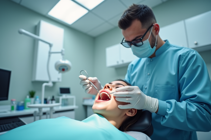Dentiste effectuant un nettoyage dentaire en clinique moderne