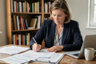 Femme remplissant un dossier de demande CDAPH à son bureau à domicile, formulaires administratifs et stylo en main