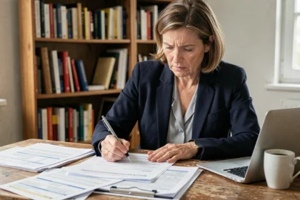 Femme remplissant un dossier de demande CDAPH à son bureau à domicile, formulaires administratifs et stylo en main