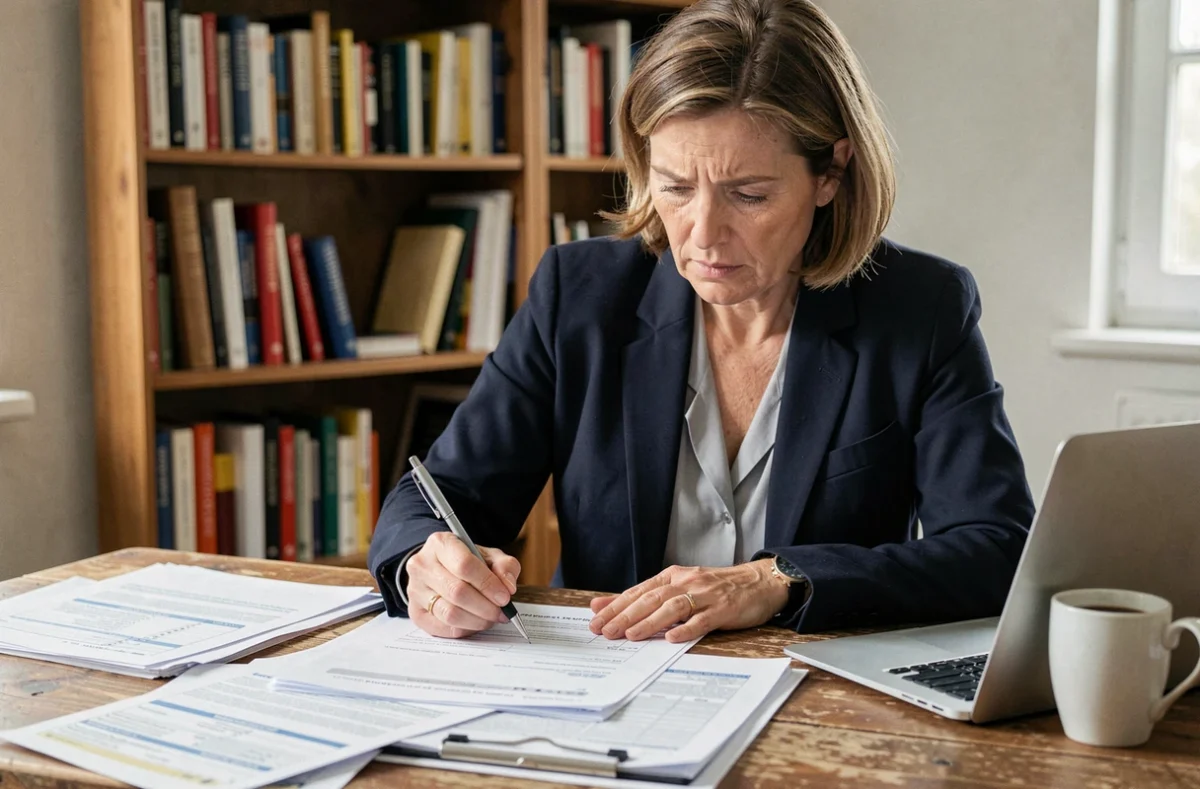 Femme remplissant un dossier de demande CDAPH à son bureau à domicile, formulaires administratifs et stylo en main