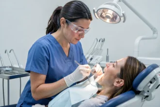Dentiste réalisant une dévitalisation dentaire sur un patient dans un cabinet dentaire moderne