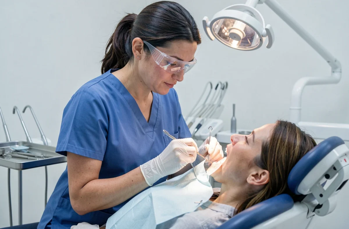 Dentiste réalisant une dévitalisation dentaire sur un patient dans un cabinet dentaire moderne