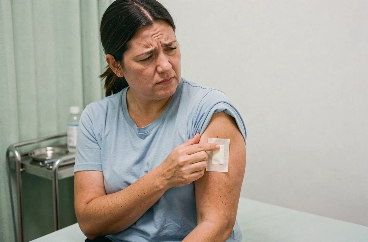 Femme tenant son bras gauche après une injection vaccinale avec un pansement visible sur le deltoïde