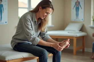 Femme tenant le dessus de son pied douloureux dans un cabinet de kinésithérapie
