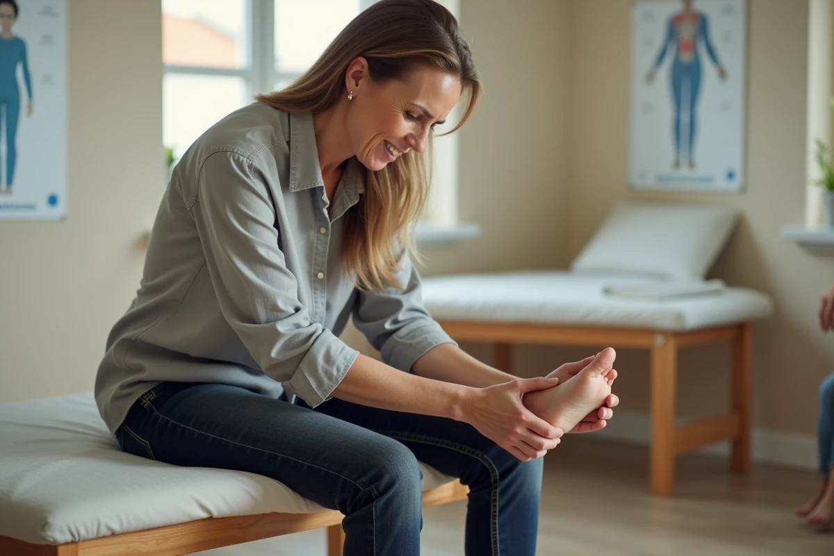 Femme tenant le dessus de son pied douloureux dans un cabinet de kinésithérapie