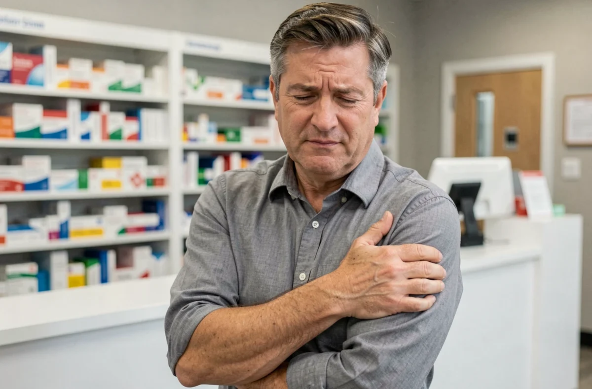 Homme se frottant le bras gauche douloureux après une injection en pharmacie