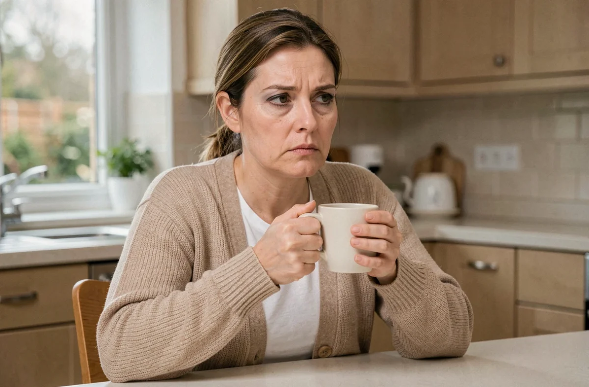 Femme fatiguée avec cernes marqués buvant du thé à la maison, effets secondaires durables de l'anesthésie générale