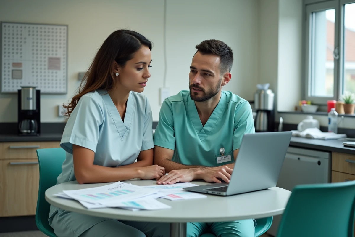 Équipe soignante infirmiers collaborant sur le guide c.netsoins 2026 dans une salle de pause d'établissement de santé