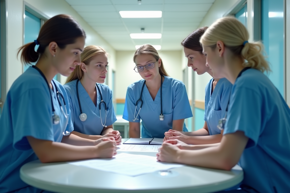 Professionnels de santé collaborant dans un couloir lumineux