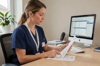 Ergothérapeute femme consultant une fiche de paie à son bureau dans un cabinet médical moderne