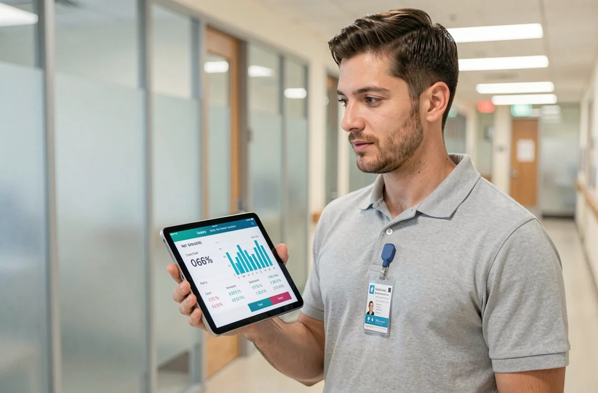 Ergothérapeute homme consultant un tableau comparatif salaire net brut sur tablette en milieu hospitalier