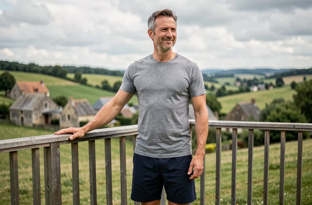 Homme réalisant un étirement debout des quadriceps sur une terrasse extérieure avec vue sur les collines verdoyantes d'Auvergne