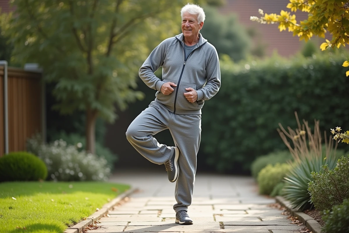 Homme âgé faisant des étirements dans un jardin