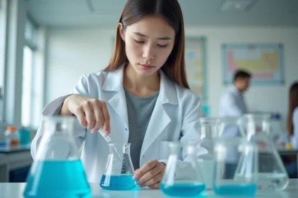 Étudiante en chimie mesurant une solution dans un bécher gradué pour calculer une concentration en laboratoire universitaire