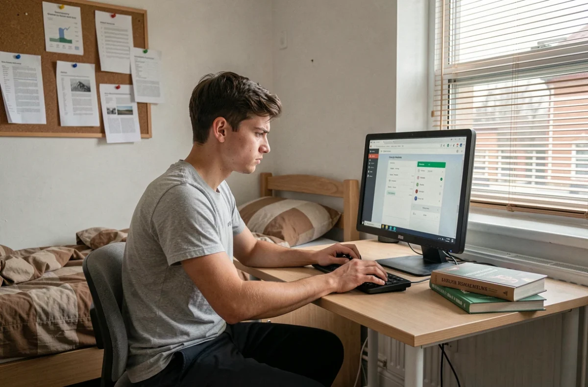 Étudiant masculin utilisant le portail Cristolink UPEC depuis sa chambre universitaire