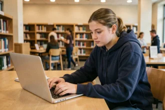Étudiante connectée au portail Cristolink UPEC sur son ordinateur portable dans une bibliothèque universitaire