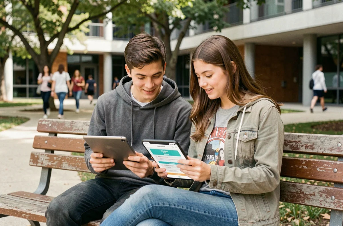 Deux étudiants consultant le guide de connexion Cristolink UPEC ensemble sur le campus