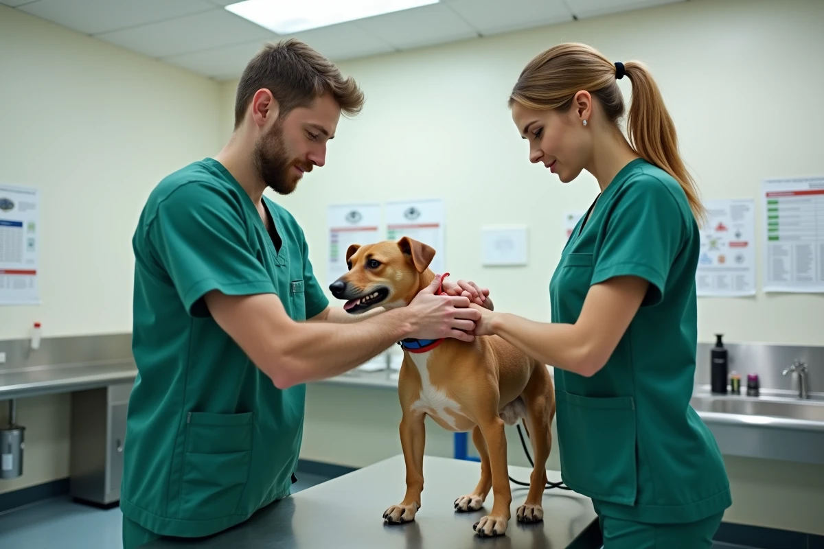 Assistants vétérinaires pratiquant un examen sur un mannequin chien