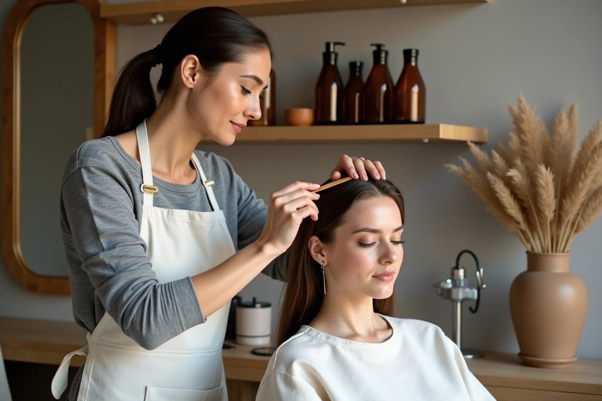 Spécialiste en cosmétiques naturels examinant le cuir chevelu sensible d'une cliente après une coloration végétale en salon