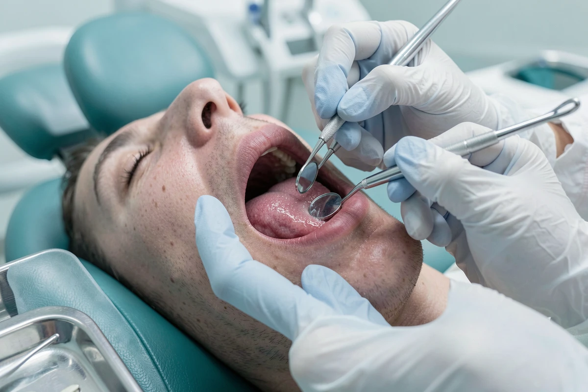 Examen dentaire rapproché de la langue et de la cavité buccale par un professionnel de santé