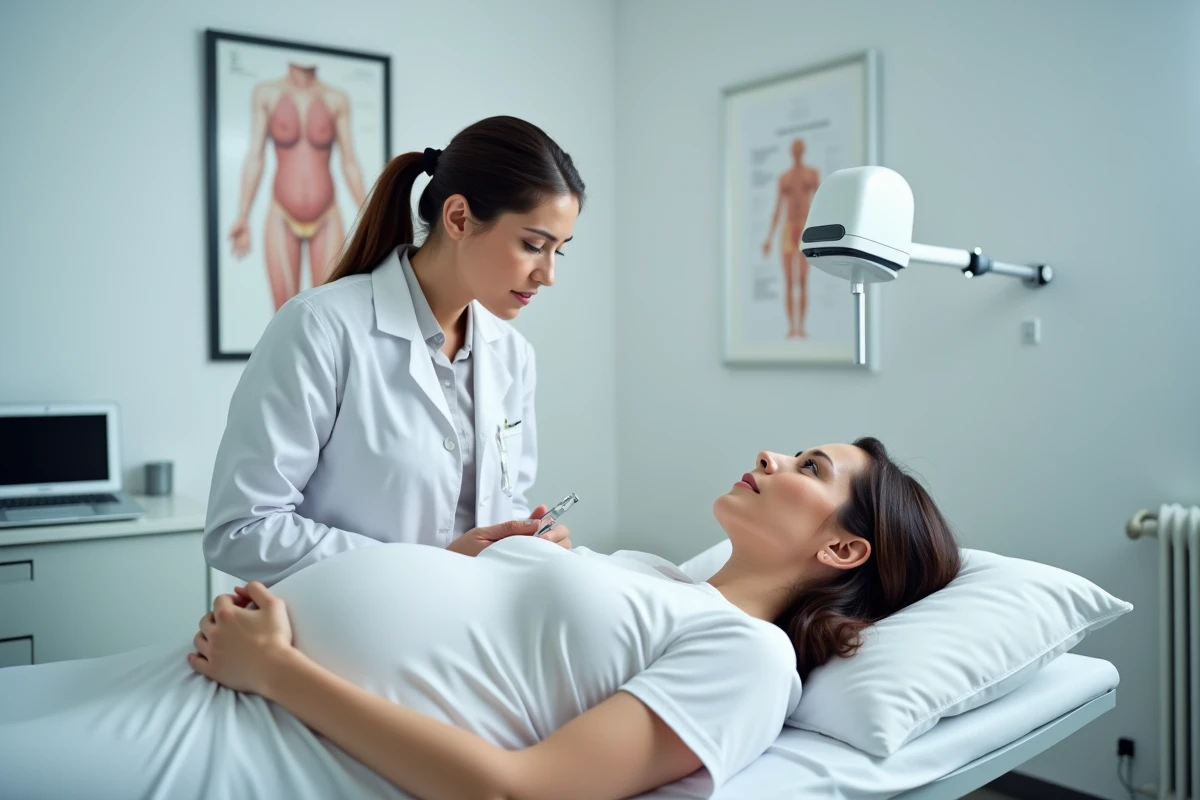 Femme enceinte allongée lors d'un examen gynécologique pour évaluer la dilatation et l'effacement du col en fin de grossesse