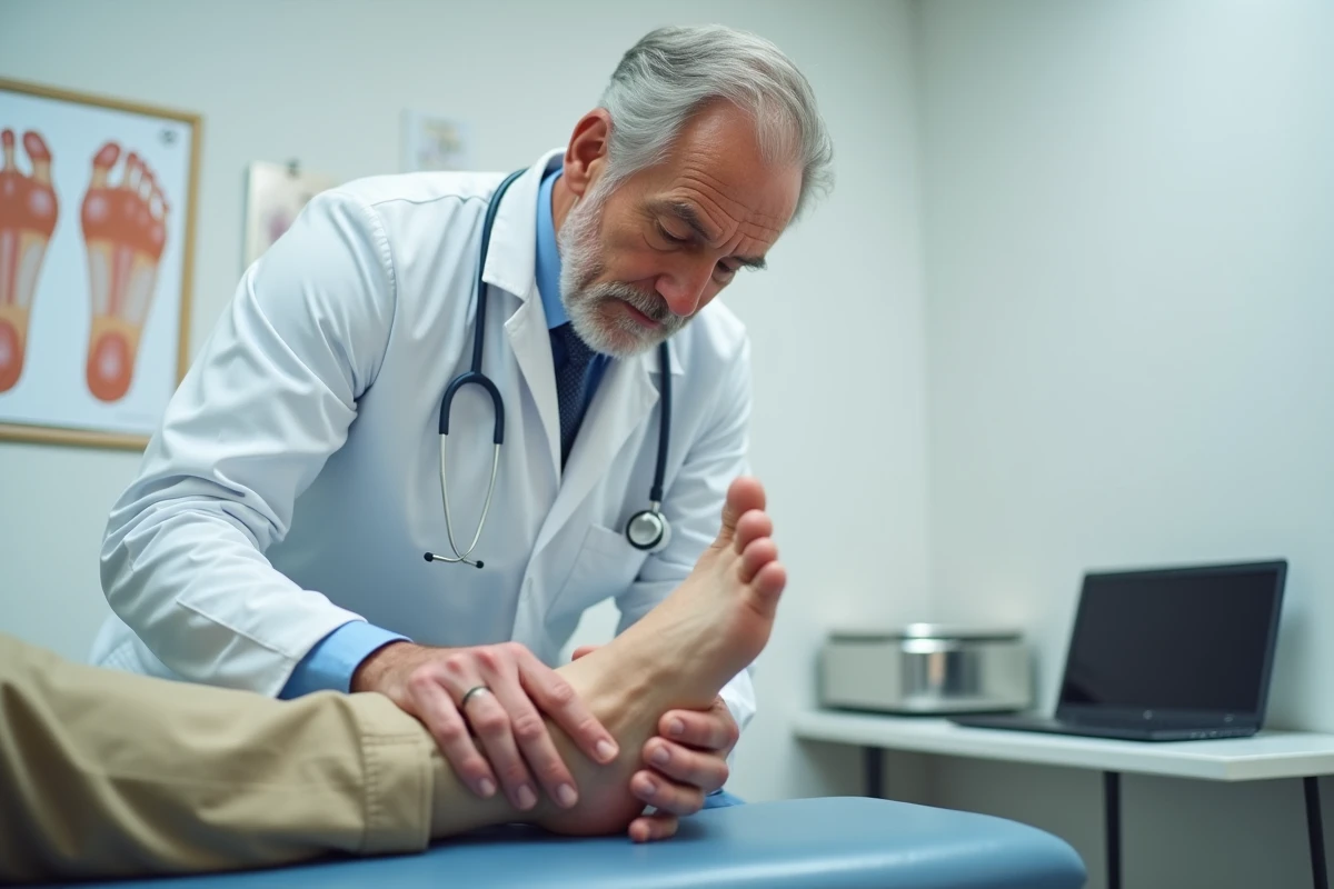 Médecin examinant le dessus du pied d'un patient lors d'une consultation médicale