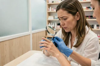 Technicienne en manucure examinant l'ongle d'une cliente avec une loupe dans un salon professionnel, signe d'alerte possible d'une atteinte matricielle