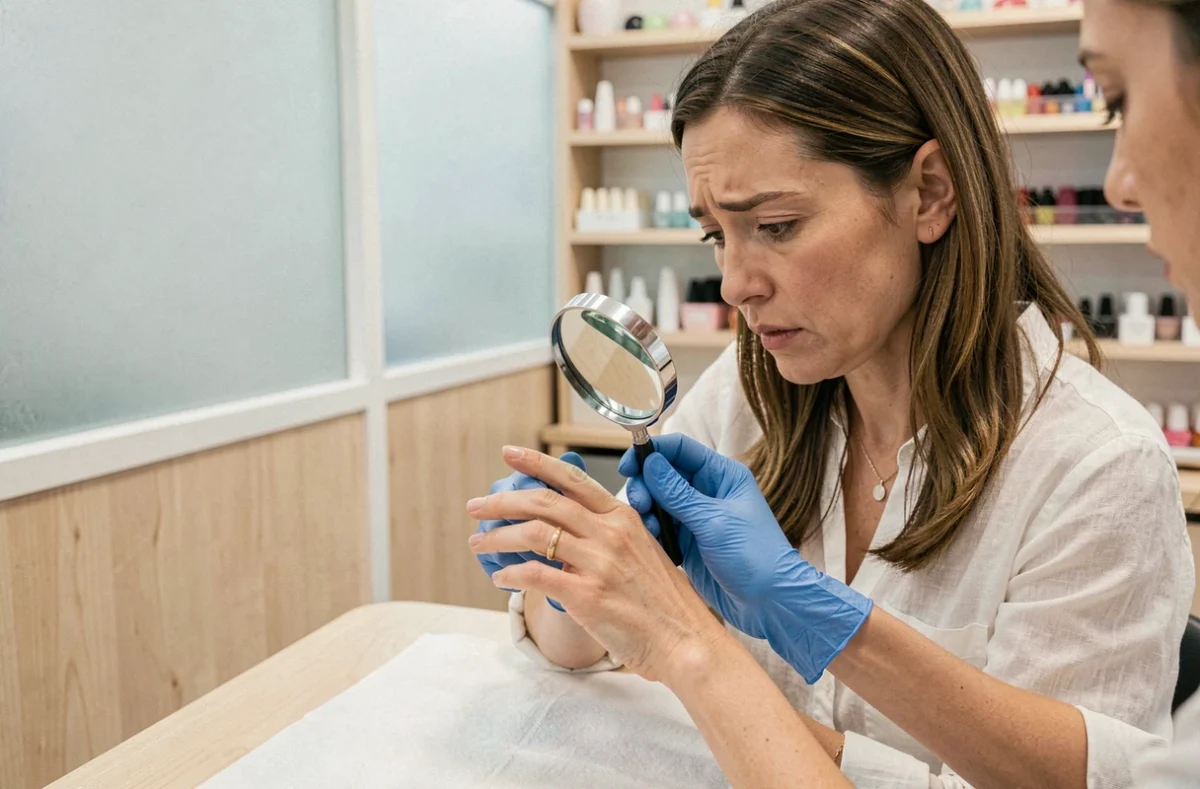 Technicienne en manucure examinant l'ongle d'une cliente avec une loupe dans un salon professionnel, signe d'alerte possible d'une atteinte matricielle