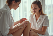 Femme examinant sa peau avec souci et curiosite