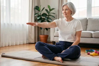 Senior femme réalisant des exercices de stretching doux en position assise sur un tapis dans son salon