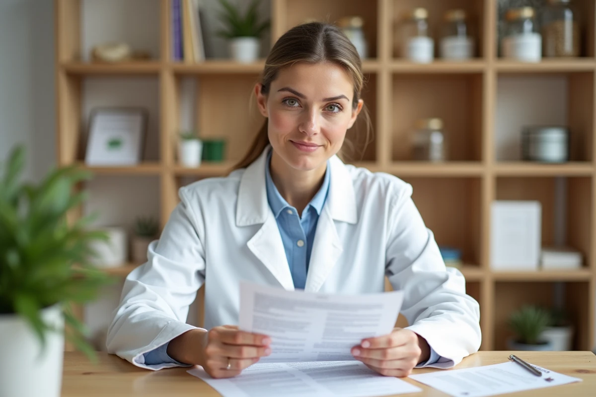 Nutritionniste experte en consultation examinant des documents sur les remèdes naturels et l'huile de ricin dans une clinique bien-être moderne