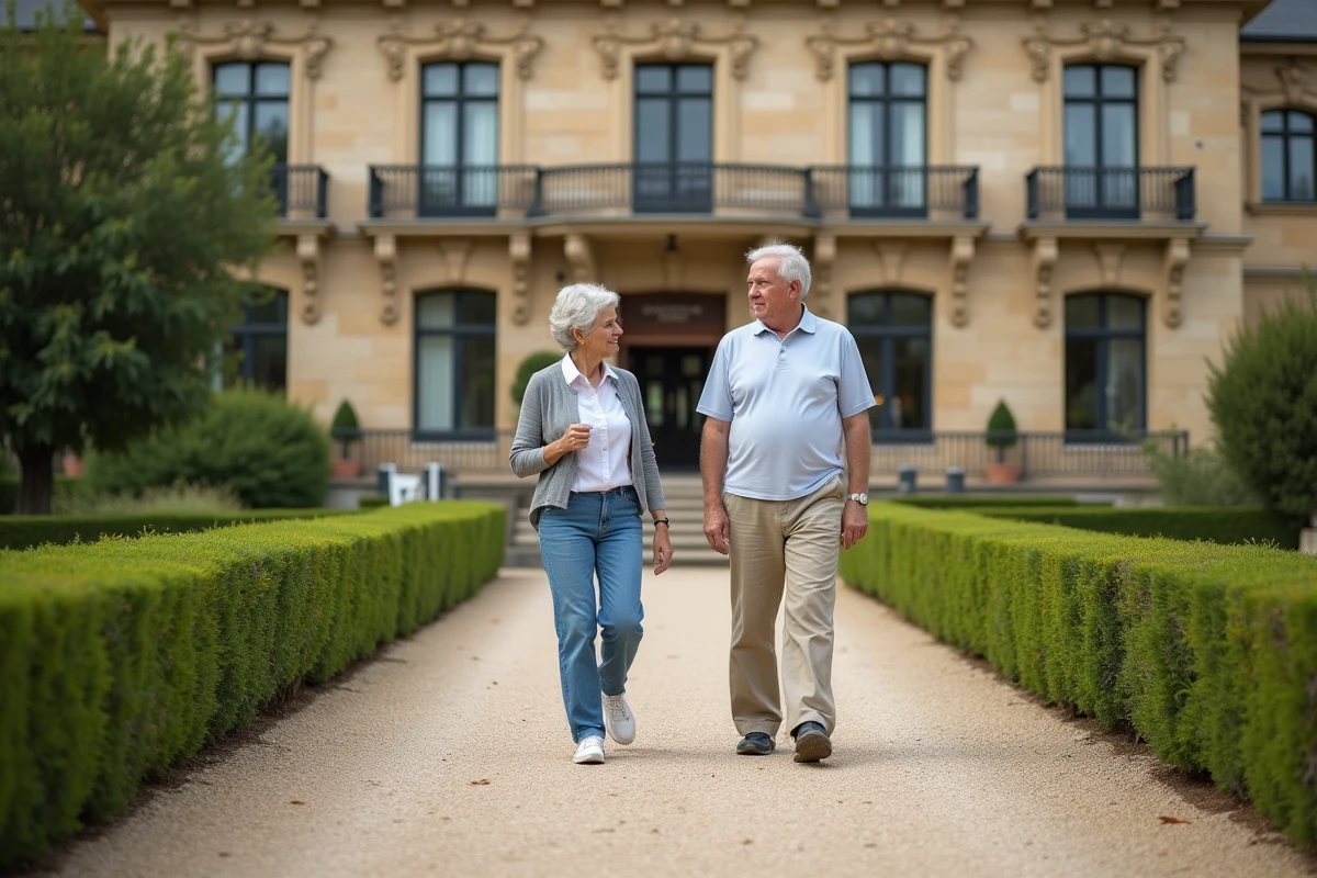 Façade d'un établissement thermal français spécialisé en rhumatologie avec des patients se promenant devant le bâtiment historique