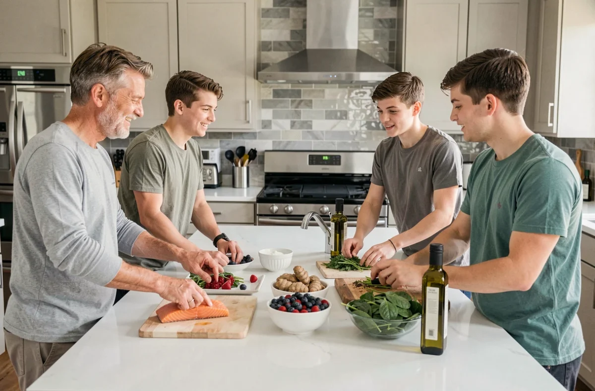 Famille réunie dans la cuisine autour d'ingrédients anti-inflammatoires comme le saumon, les baies et le curcuma