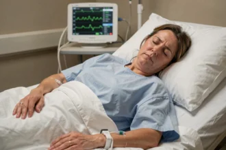 Femme fatiguée en salle de réveil après une anesthésie générale, allongée sur un lit d'hôpital avec une perfusion