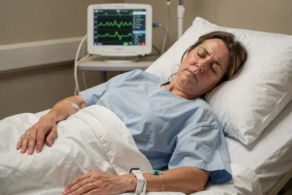 Femme fatiguée en salle de réveil après une anesthésie générale, allongée sur un lit d'hôpital avec une perfusion