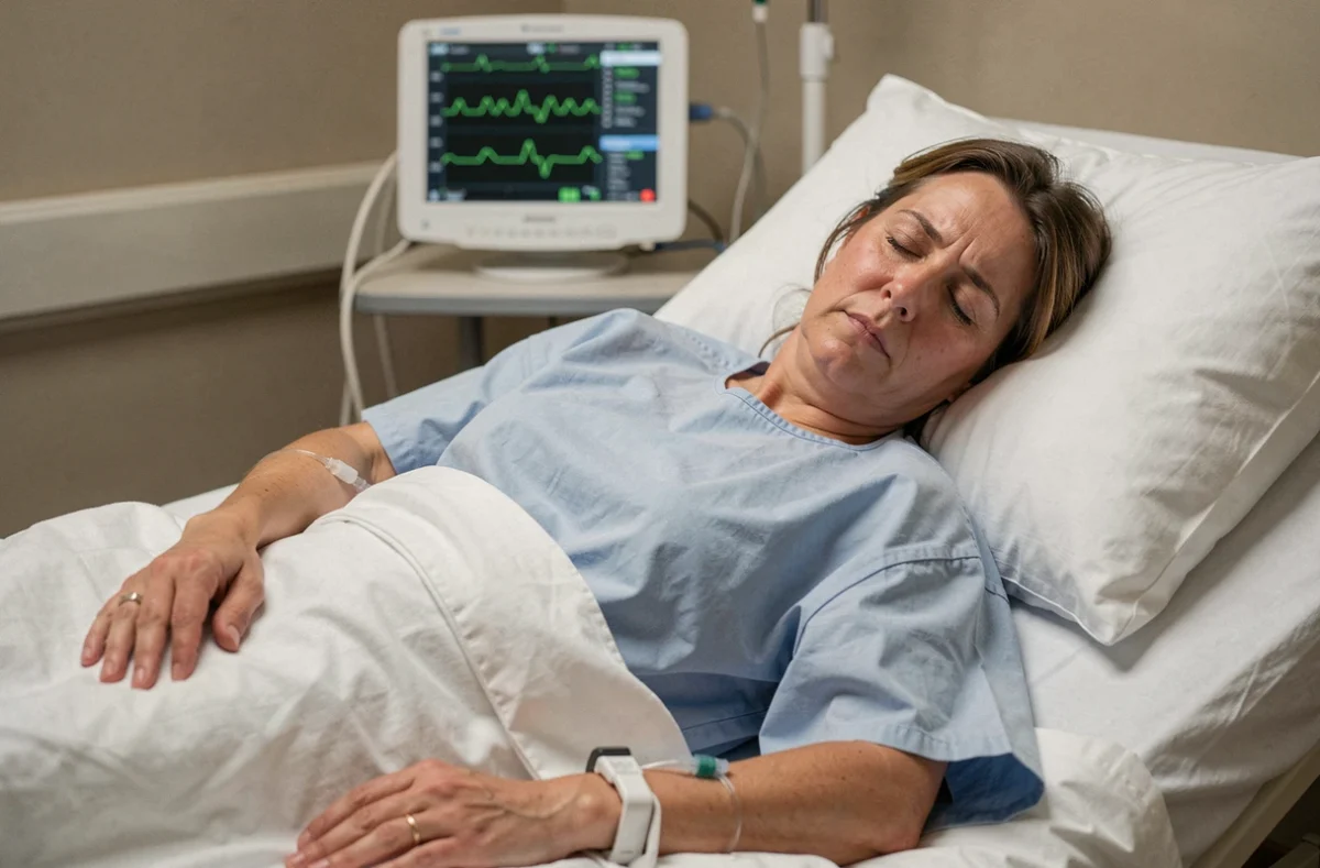 Femme fatiguée en salle de réveil après une anesthésie générale, allongée sur un lit d'hôpital avec une perfusion
