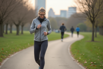 Femme d'âge moyen en tenue de sport vérifiant son tracker dans un parc