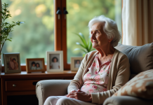 Femme agee paisible dans son salon familial