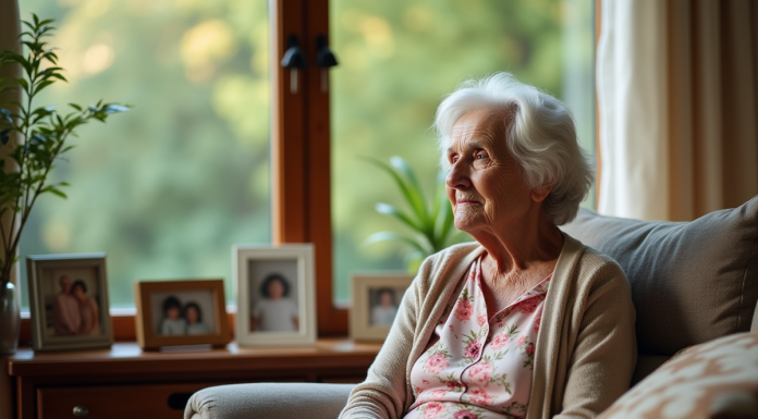 Femme agee paisible dans son salon familial