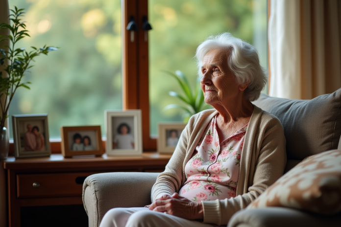 Femme agee paisible dans son salon familial